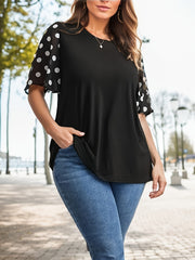 Plus o'lcham ayollar uchun qora polka nuqtali T-shirt, kundalik, qisqa qo'l, engil