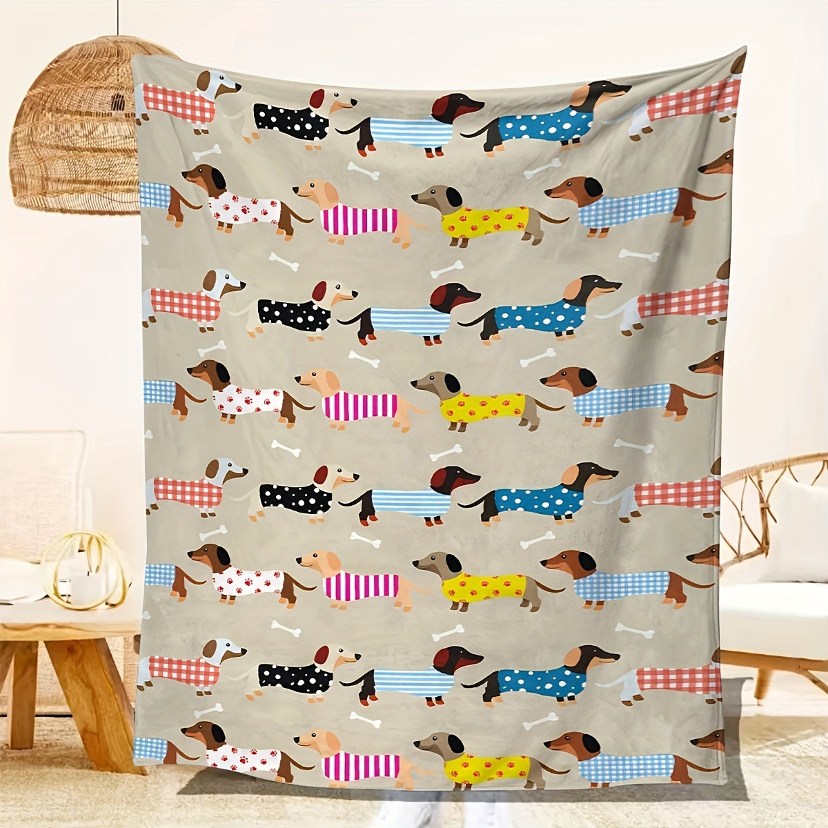Dachshund Pattern Throw Blanket Polyester Stain-Resistant Knitted Gift for Dog Lovers
