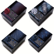 Set of 5 Men's Accessories Dark Blue Striped Necktie Hanky Cufflinks Brooch for Wedding or Business
