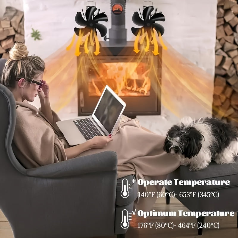 Portable Metal Fireplace Fan 6-Blade Non-Electric Air Circulator for Wood Stoves