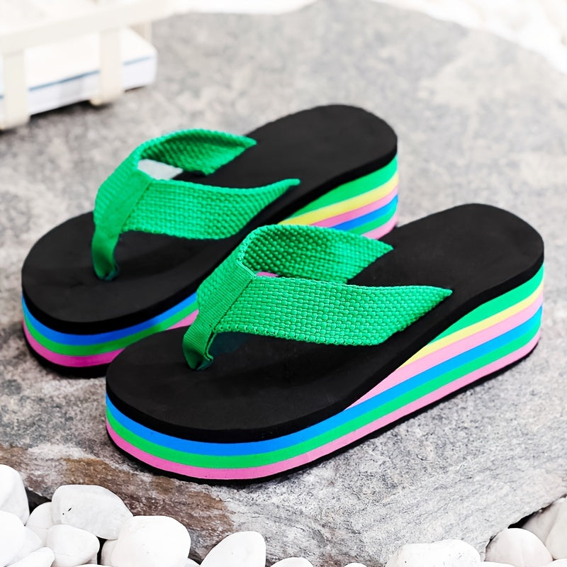 Women's Summer Flip Flops with High Heels and Rainbow Sole for Seaside Vacation
