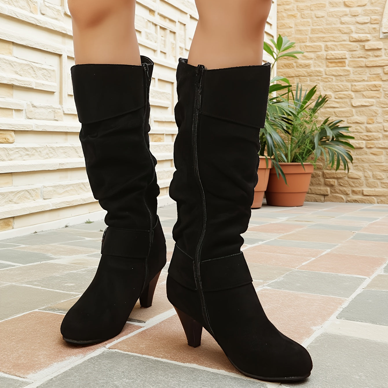Women's Ankle Boots Leather Chelsea Long Boots with 7cm Heels
