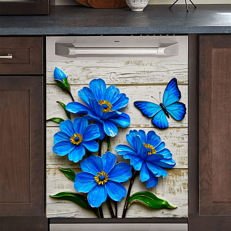 Blue Floral Butterfly Waterproof Vinyl Decal Sticker for Kitchen Appliances