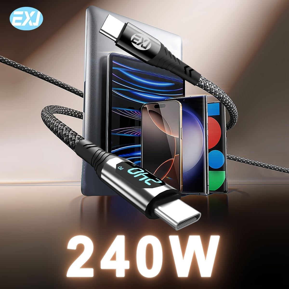 240W Type-C to C Fast Charging Cable with Digital Display Nylon Braid Compatible with iPhone Samsung Xiaomi Google Tablets and Phones
