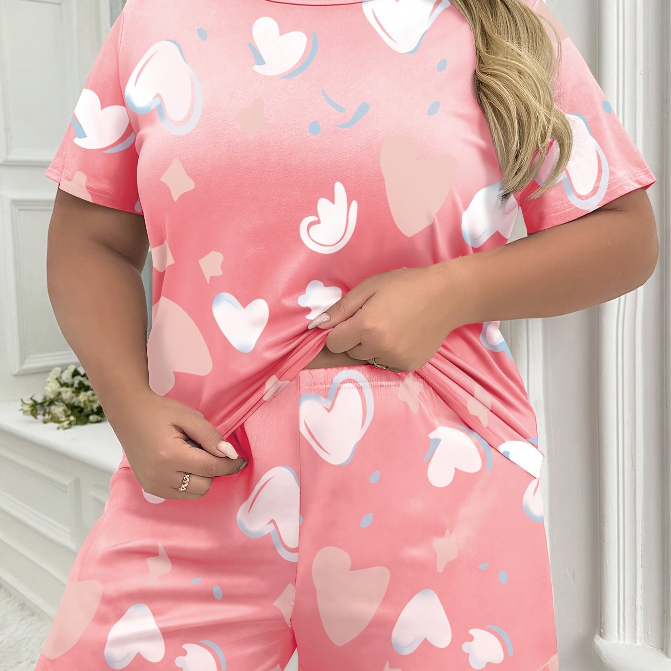 Plus Size Women's Cotton Heart Print Loungewear Pajama Set