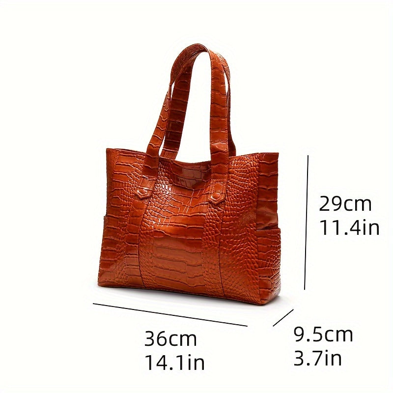 Blue Crocodile-Embossed PU Tote Bag with Zipper Closure for Women