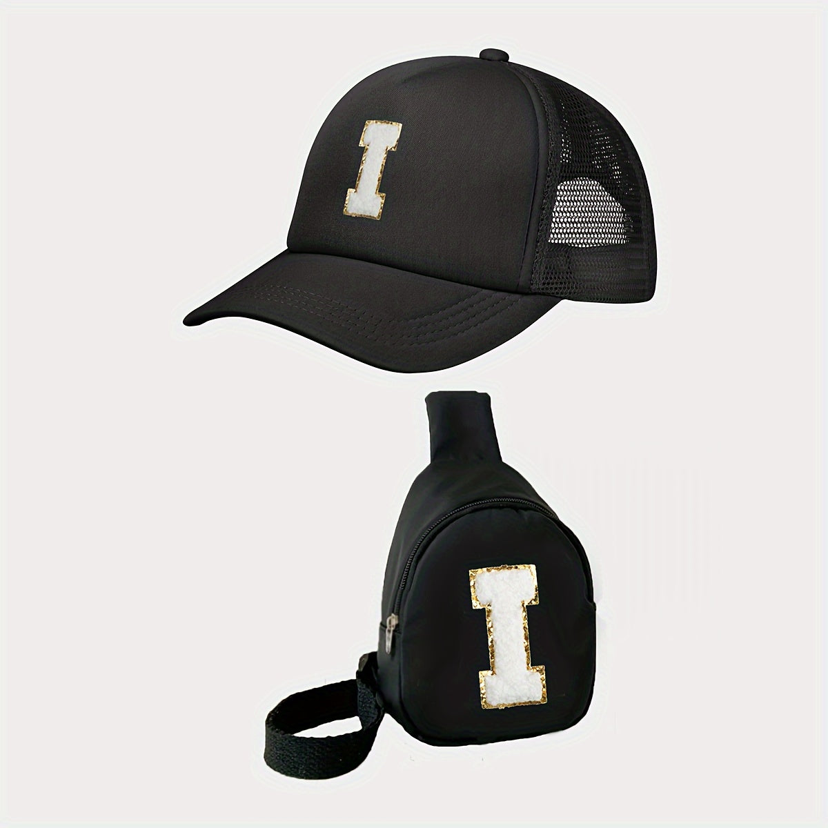 Children's Alphabet Baseball Cap and Shoulder Bag Set for Kids 3-14 Polyester Black