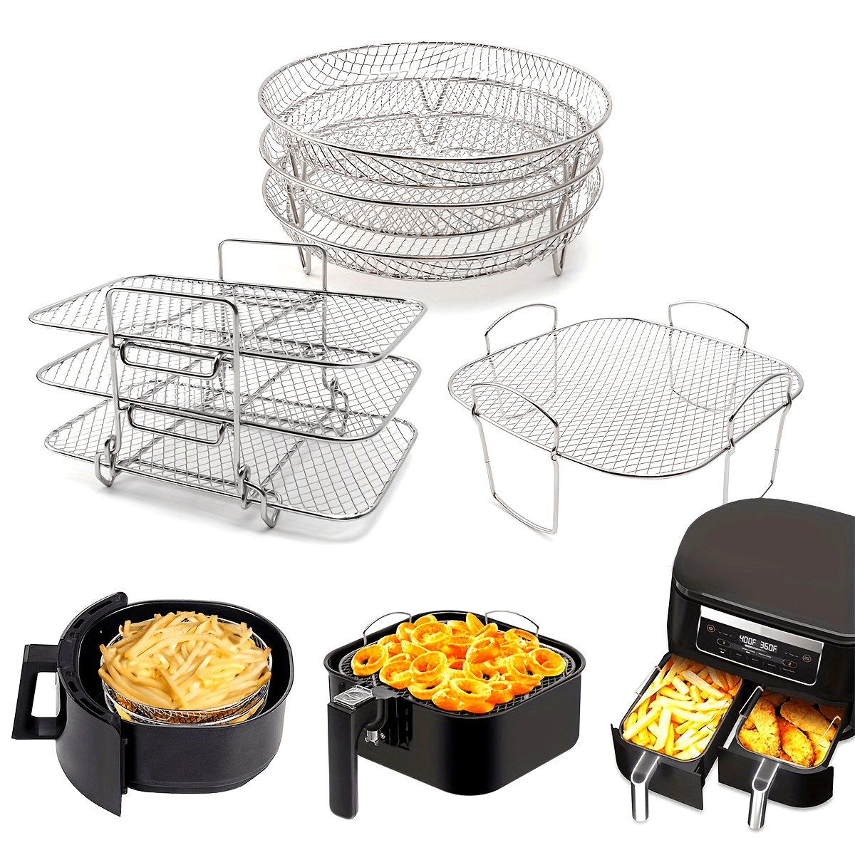 Parrilla de tres capas de acero inoxidable para papas fritas para freidoras de aire conjunto de accesorios de cocina