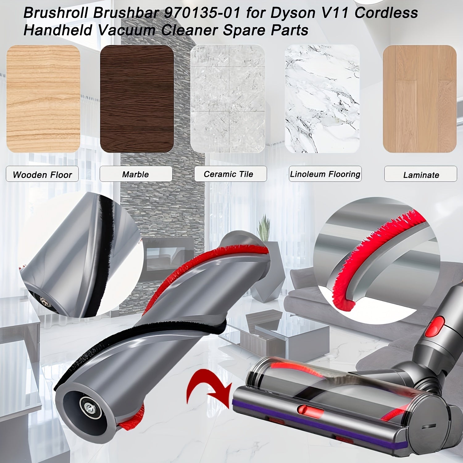 Qurilmali changyutgich uchun bardoshli rulonli cho'tka, qizil sochlar, qora asos