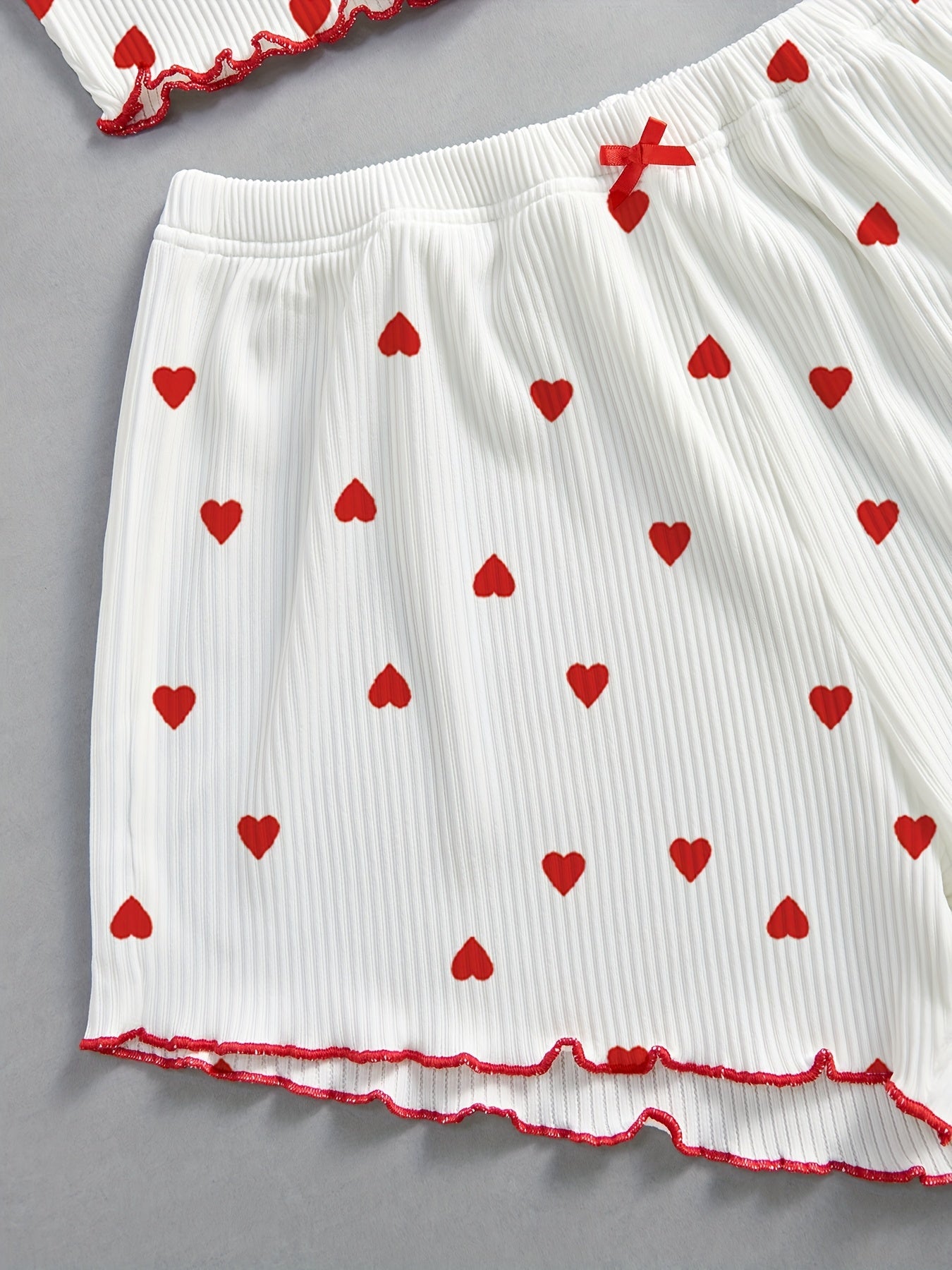 Women's Valentine's Day Heart Print Lounge Set with Lettuce Trim Camisole and Elastic Shorts