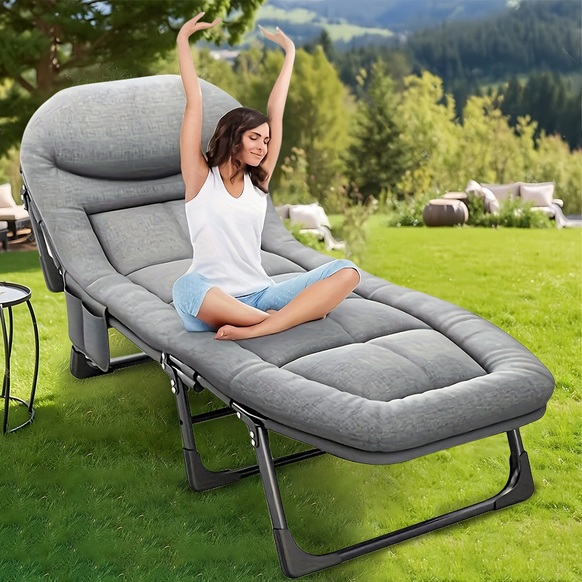 Folding Single Sofa Bed Adjustable for Camping Travel Supports Up to 100kg Cushions Included