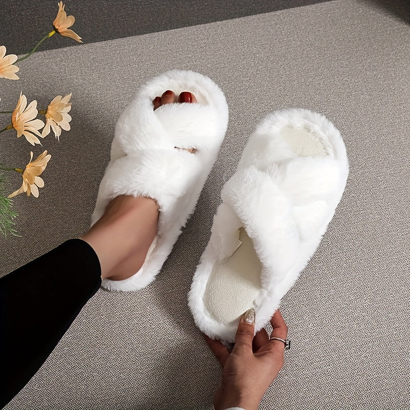 Women's Plush Non Slip Indoor Slip-On Slippers with Cross Straps