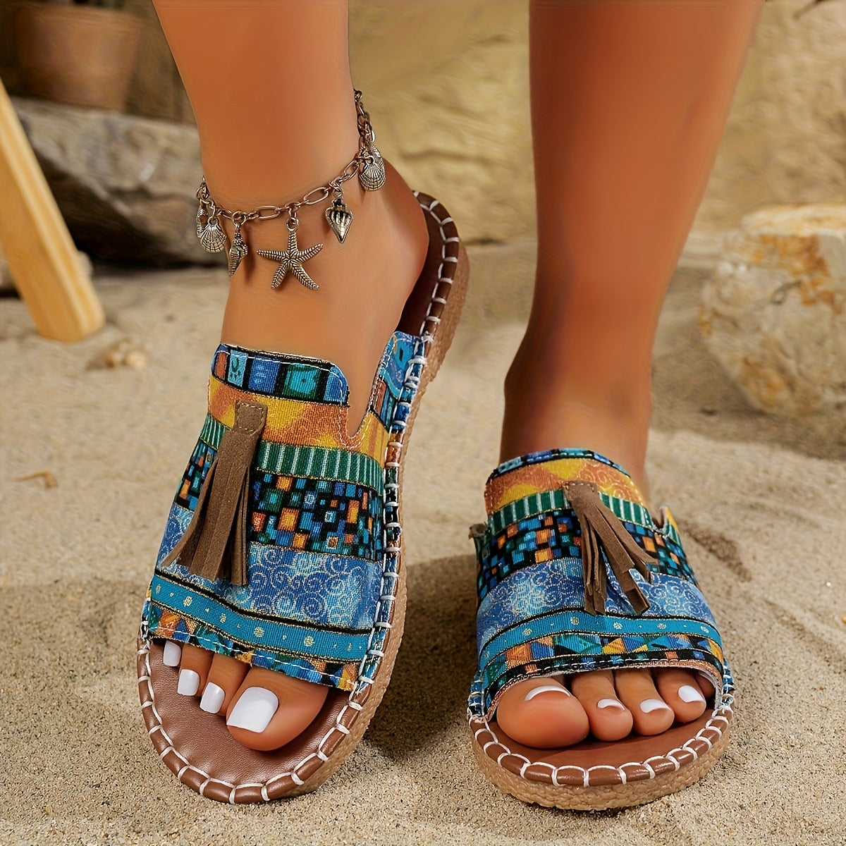 Women's Bohemian Fringe Sandals Colorful Striped Open Toe Beach Shoes