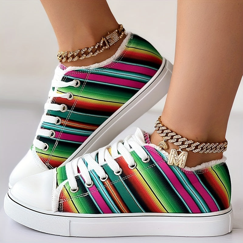 Women's Canvas Sneakers Colorful Striped Low Top Casual Shoes