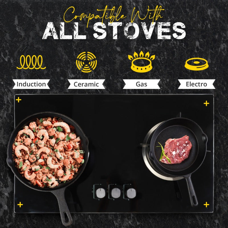 Набор из 3 чугунных сковородок с плоским дном, с антипригарным покрытием, кастрюля для брызг масла, легкое наливание и прочные ручки - идеально подходит для приготовления пищи дома. Маленькие, без покрытия, традиционные сковороды.