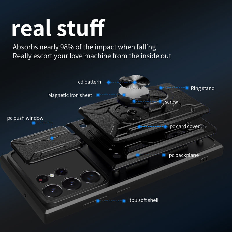 Mobile Phone Case with Sliding Camera Cover Card Holder Shockproof for Galaxy S22 Ultra A73