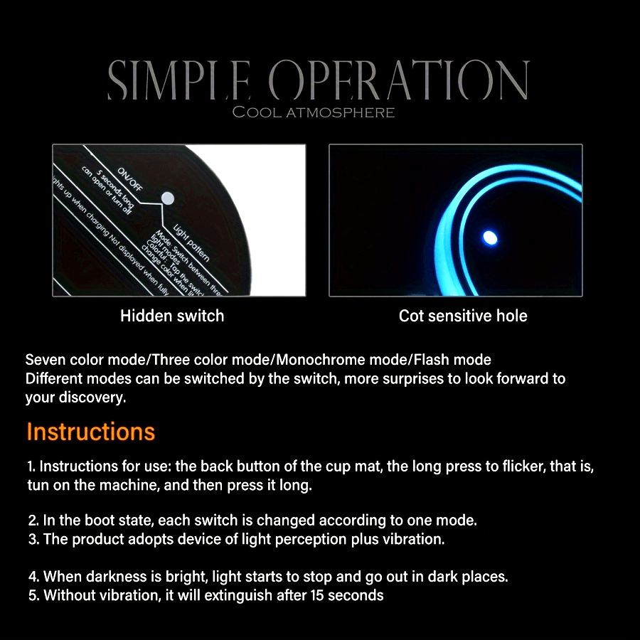 7-Rangli LED Avtomobil Kofe Qopqog'i Chiroqlari USB Qayta Zaryadlanadigan Akril Dekor Sensor