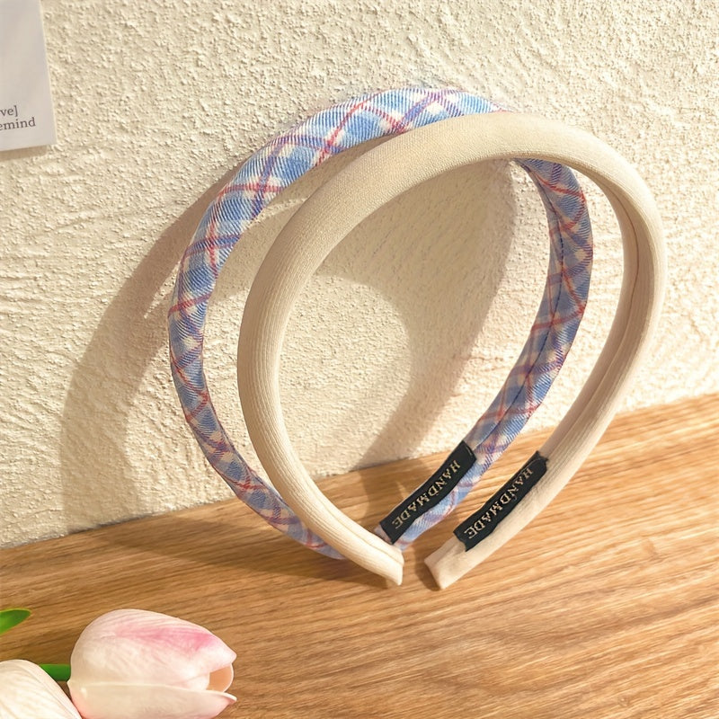 6pcs Women's Plaid and Solid Color Polyester Headbands for Travel and Daily Style