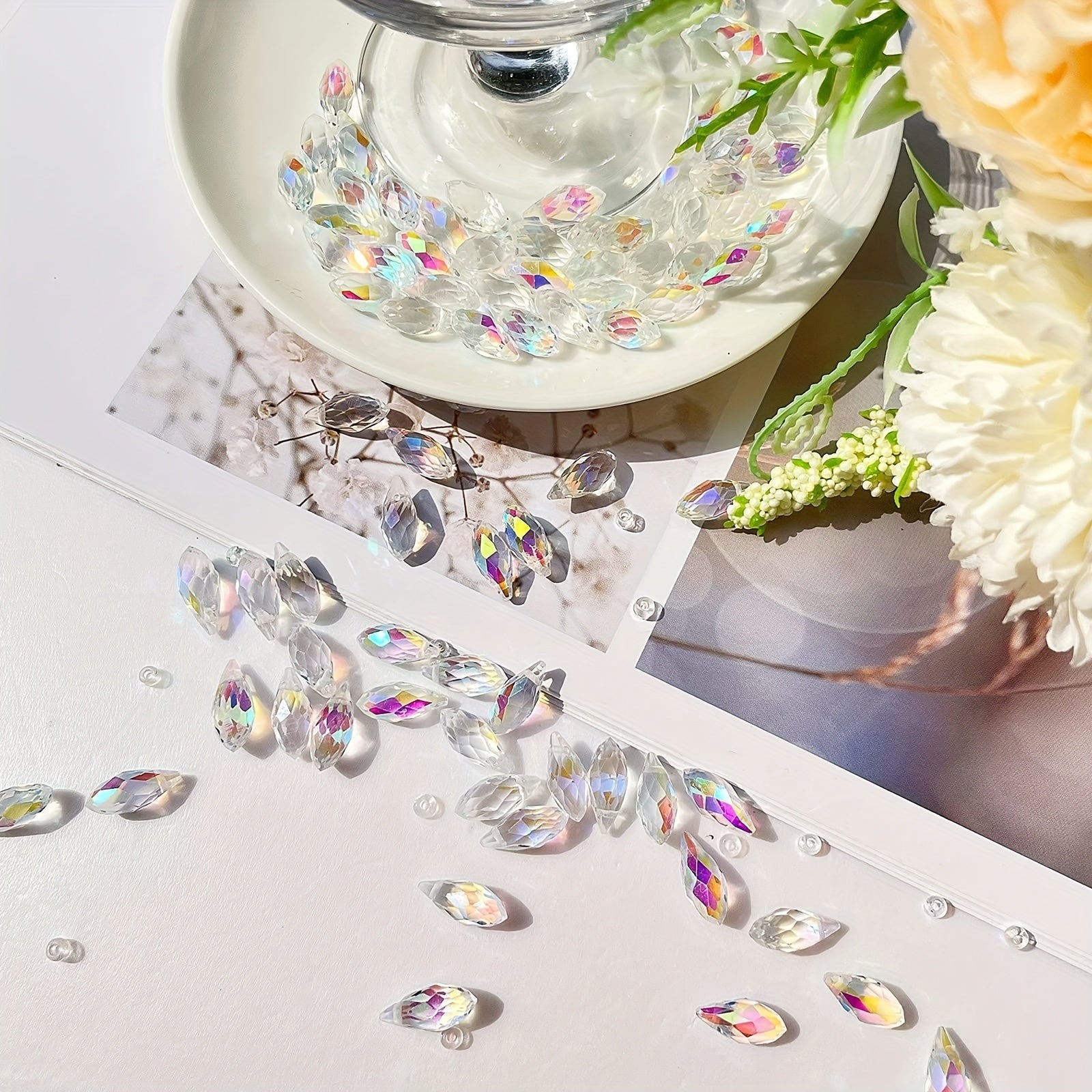 Set of 100 Sparkling Teardrop Crystal Pendants 6x12mm AB Rainbow Glass Beads for Jewelry Making