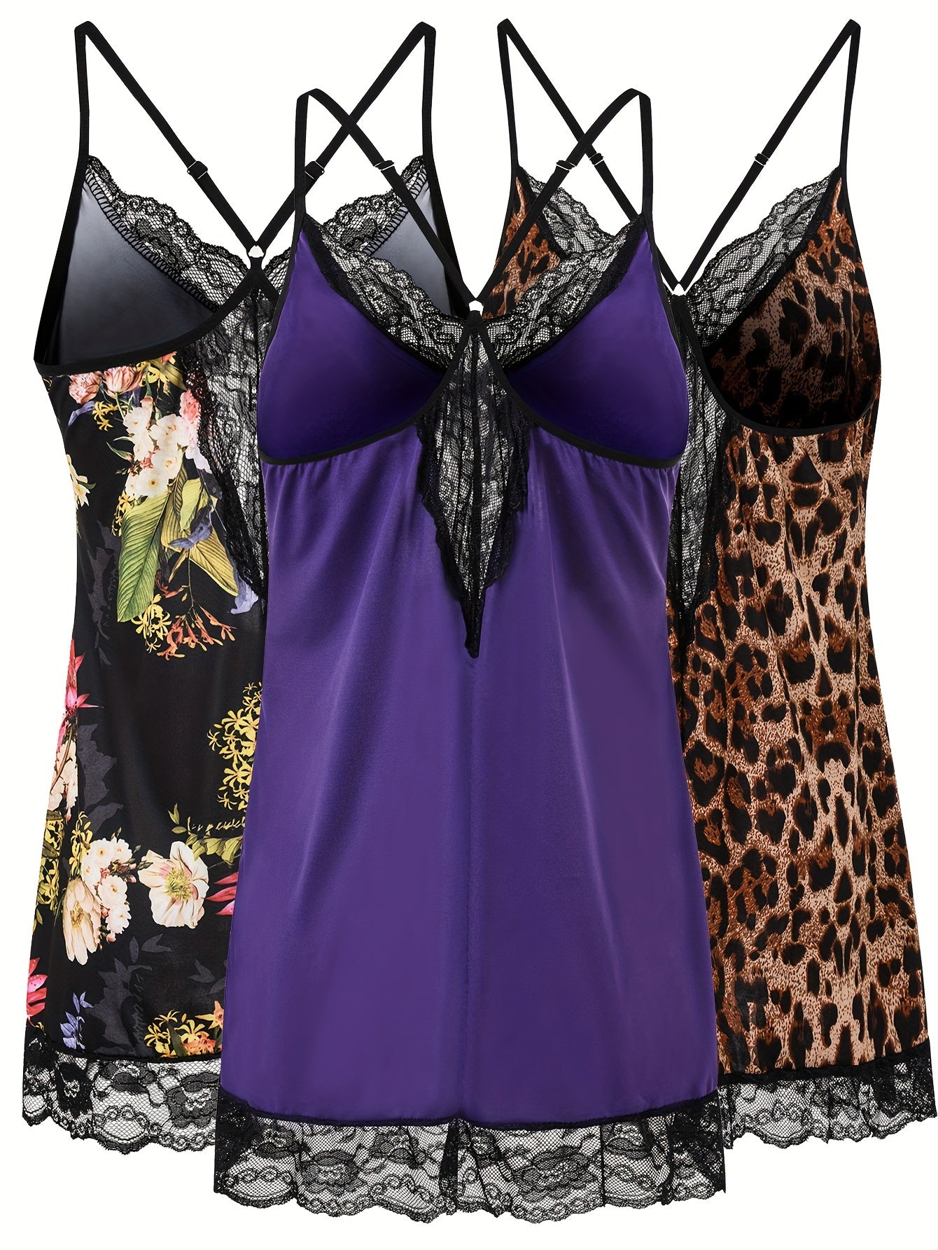 Plus Size Women's Leopard and Floral Sleep Dress Set 3pcs Halter Nightwear