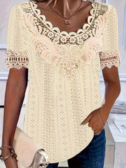 Women's Plus Size Lace Trim Short Sleeve Blouse Stretchy Semi-Sheer Fabric