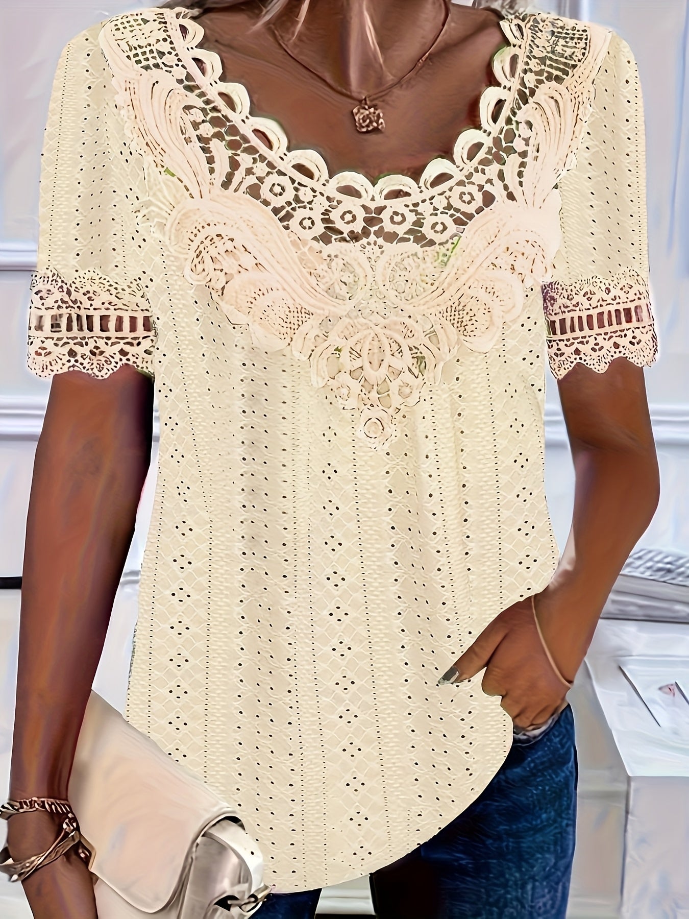 Women's Plus Size Lace Trim Short Sleeve Blouse Stretchy Semi-Sheer Fabric