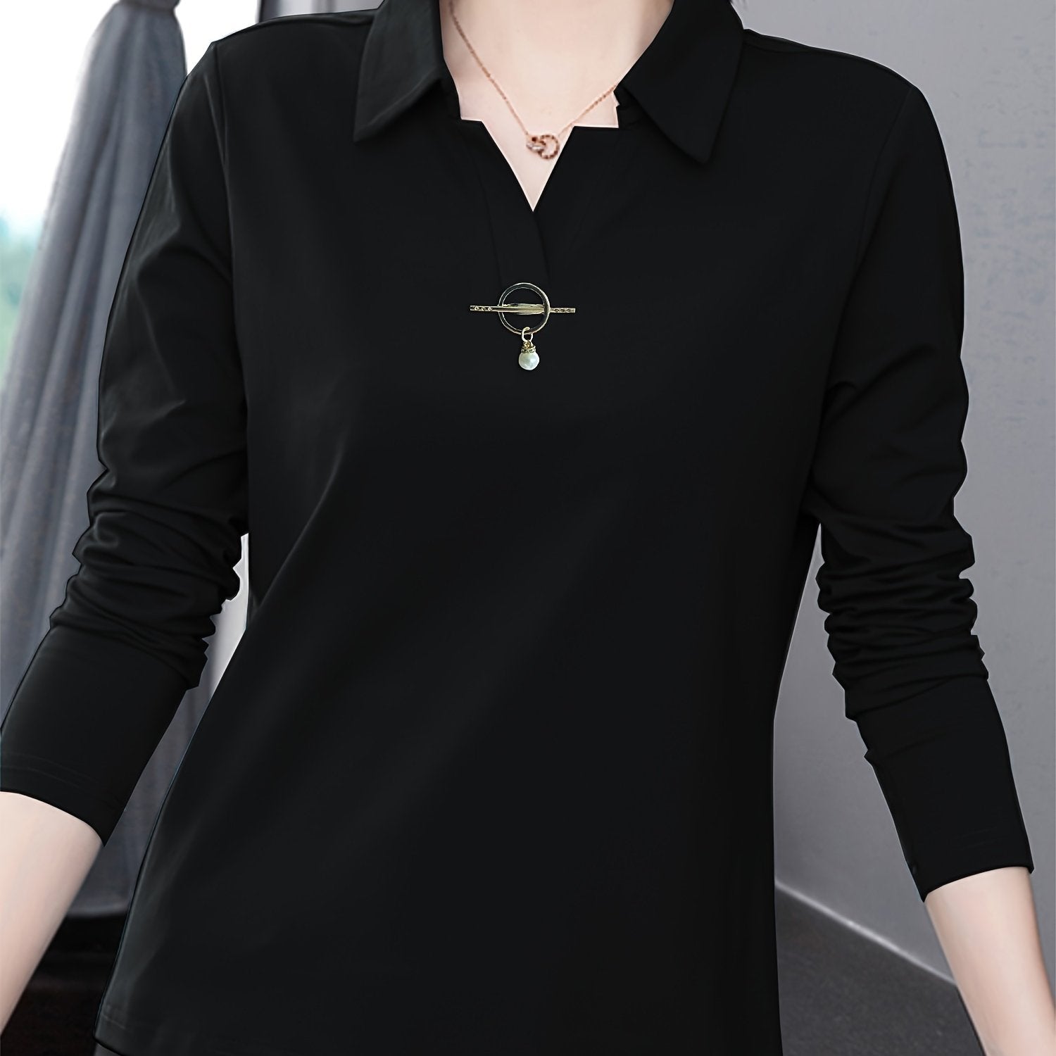 Women's Solid Color Long Sleeve Collared T-Shirt for Spring and Fall