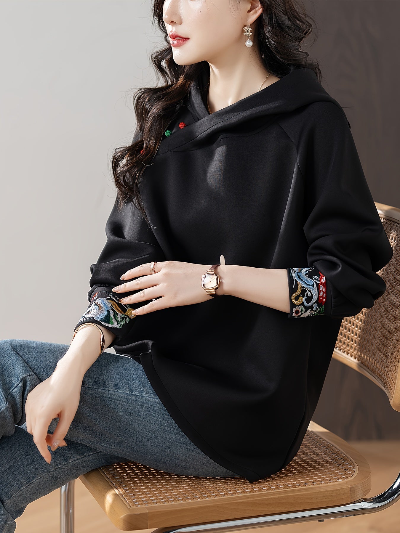Women's Black Hoodie with Colorful Embroidery Loose Fit Pullover