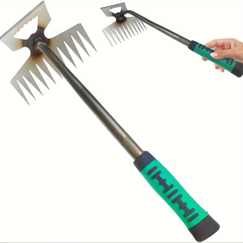Manual Garden Weeder Tool with 11 Tine Manganese Steel Ergonomic Handle for Lawn and Garden