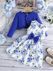 Girls Floral Print Vest Dress with Long Sleeve Jacket for Spring Fall