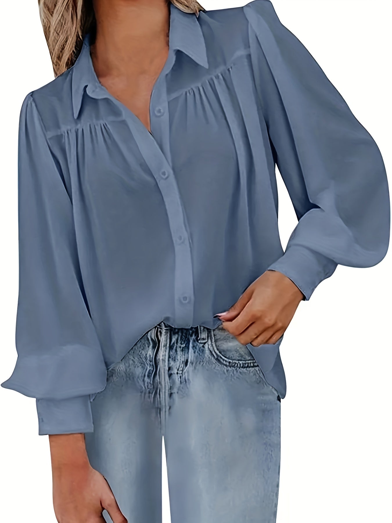 Plus Size Women Solid Color Shirt With Lapel Lantern Sleeves