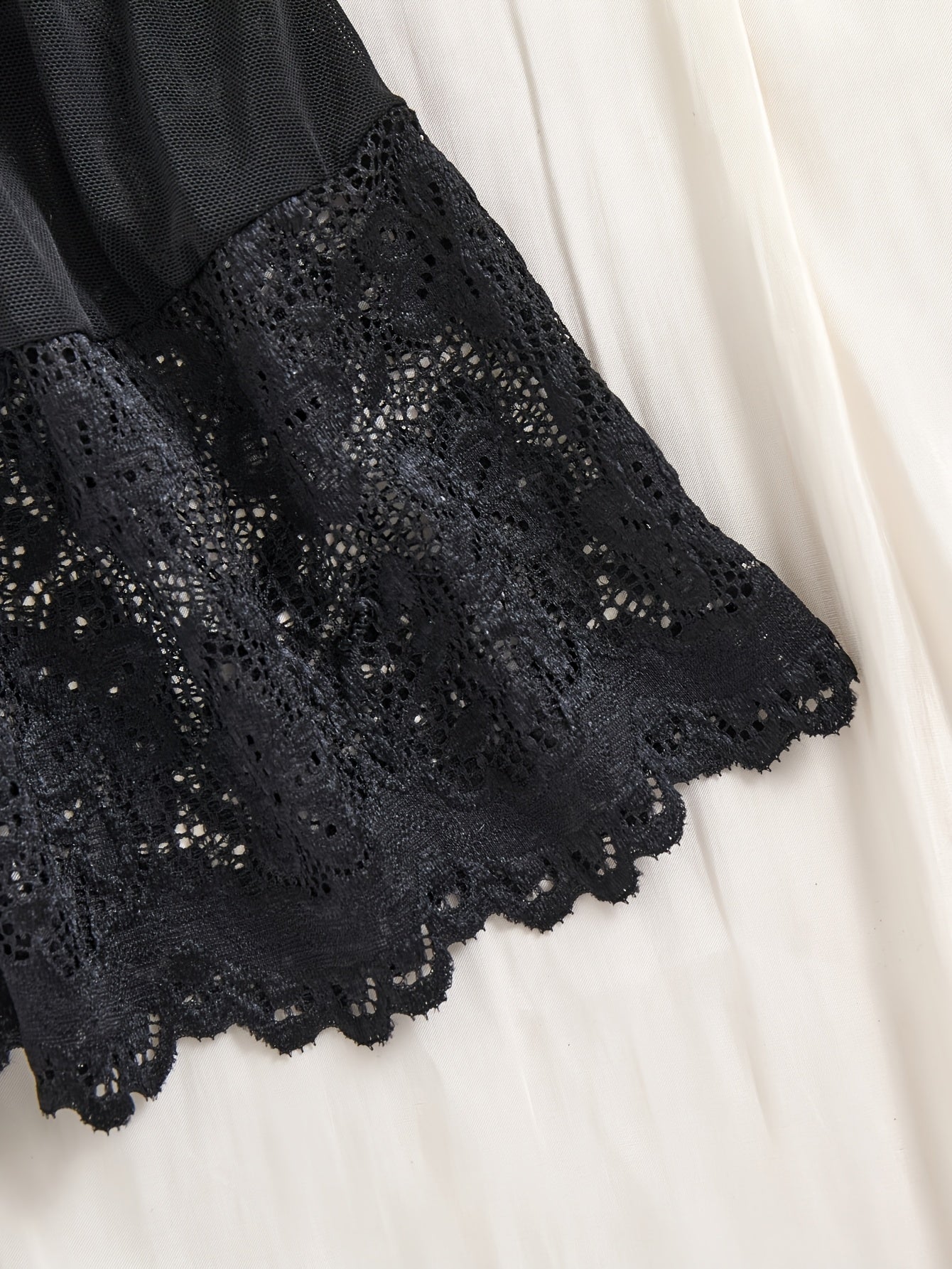 Black Lace Mesh Camisole Sleepwear Set with Deep V Back and Thong Panty