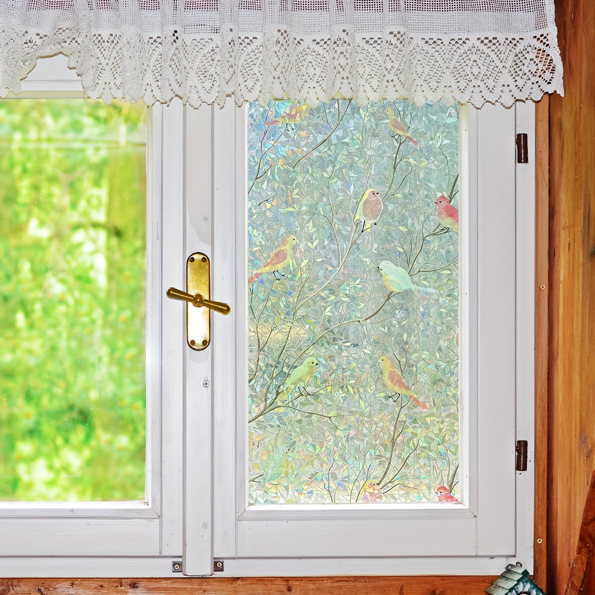 Frosted Privacy Window Film with Crescent & Diamond Pattern, Heat Control, No-Glue, Semi-Transparent, 9mil PVC