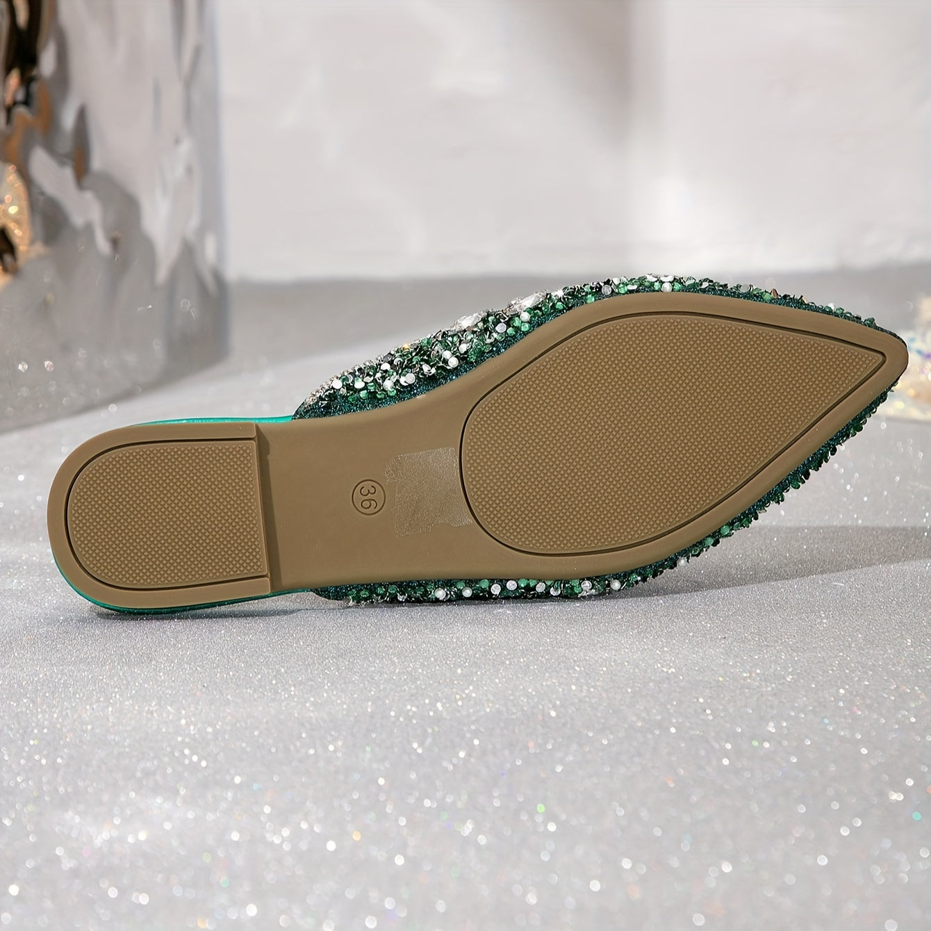 Women's Green Water Crystal Embellished Slip-On Flats Shoes