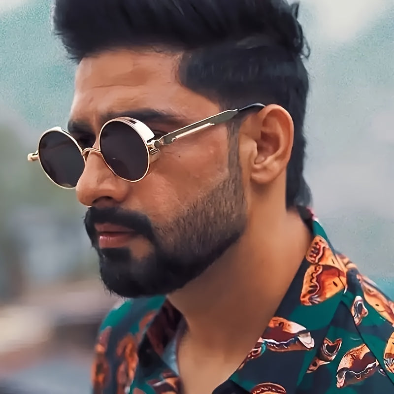 Men's Gold Round Steampunk Sunglasses with Spring Hinges
