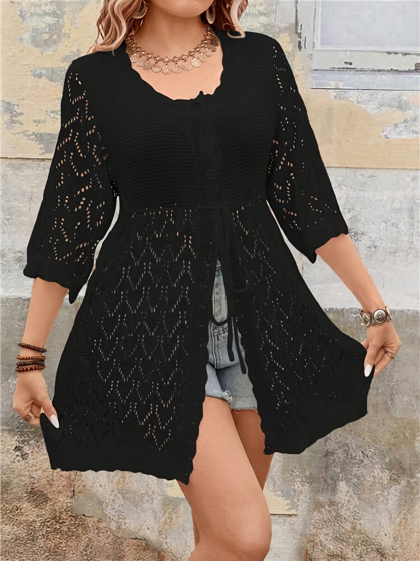 Plus Size Women's Lace Trim V-Neck Cardigan Lightweight Geometric Semi-Sheer Casual Jacket