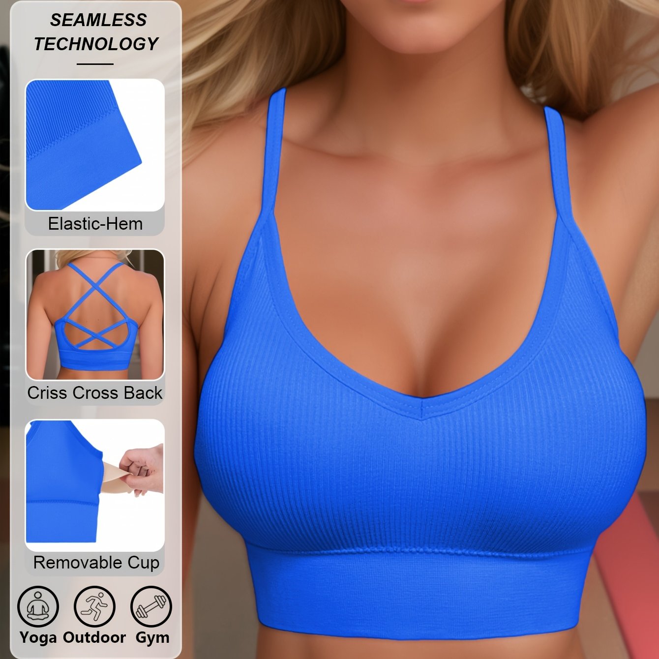 Sujetador deportivo de punto de poliamida para mujer, con alto soporte, sin espalda, relleno removible para yoga y fitness