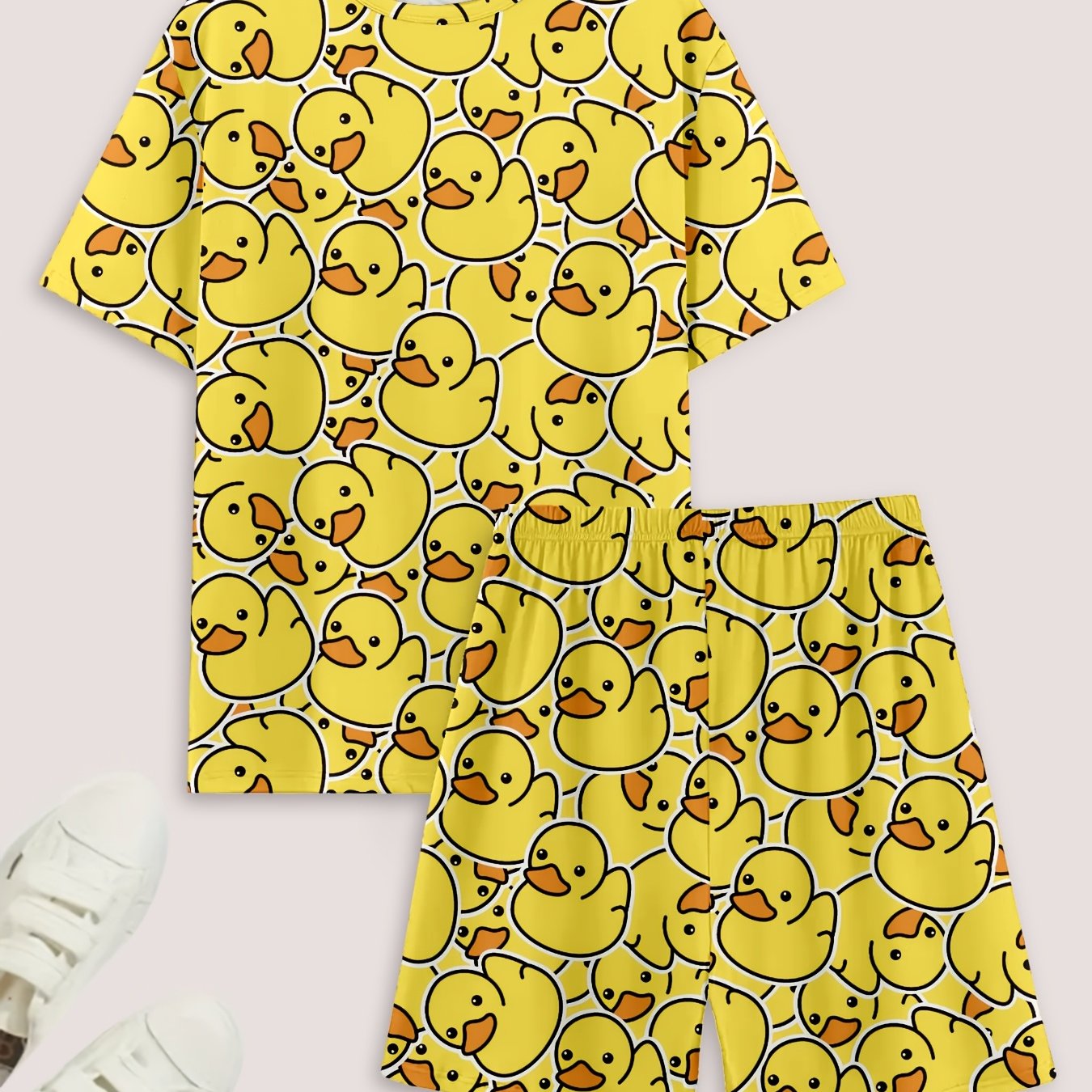 Short Sleeve Duck Print Pajama Set with Crew Neck Top and Shorts