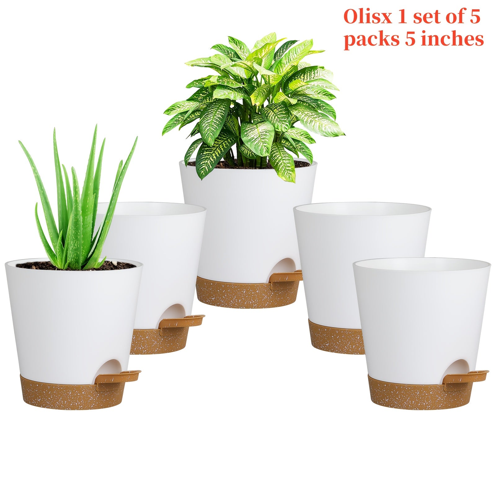 Set of 5 5-Inch Plastic Self-Watering Flower Pots with Drainage Holes and Trays for Indoor Outdoor Gardens