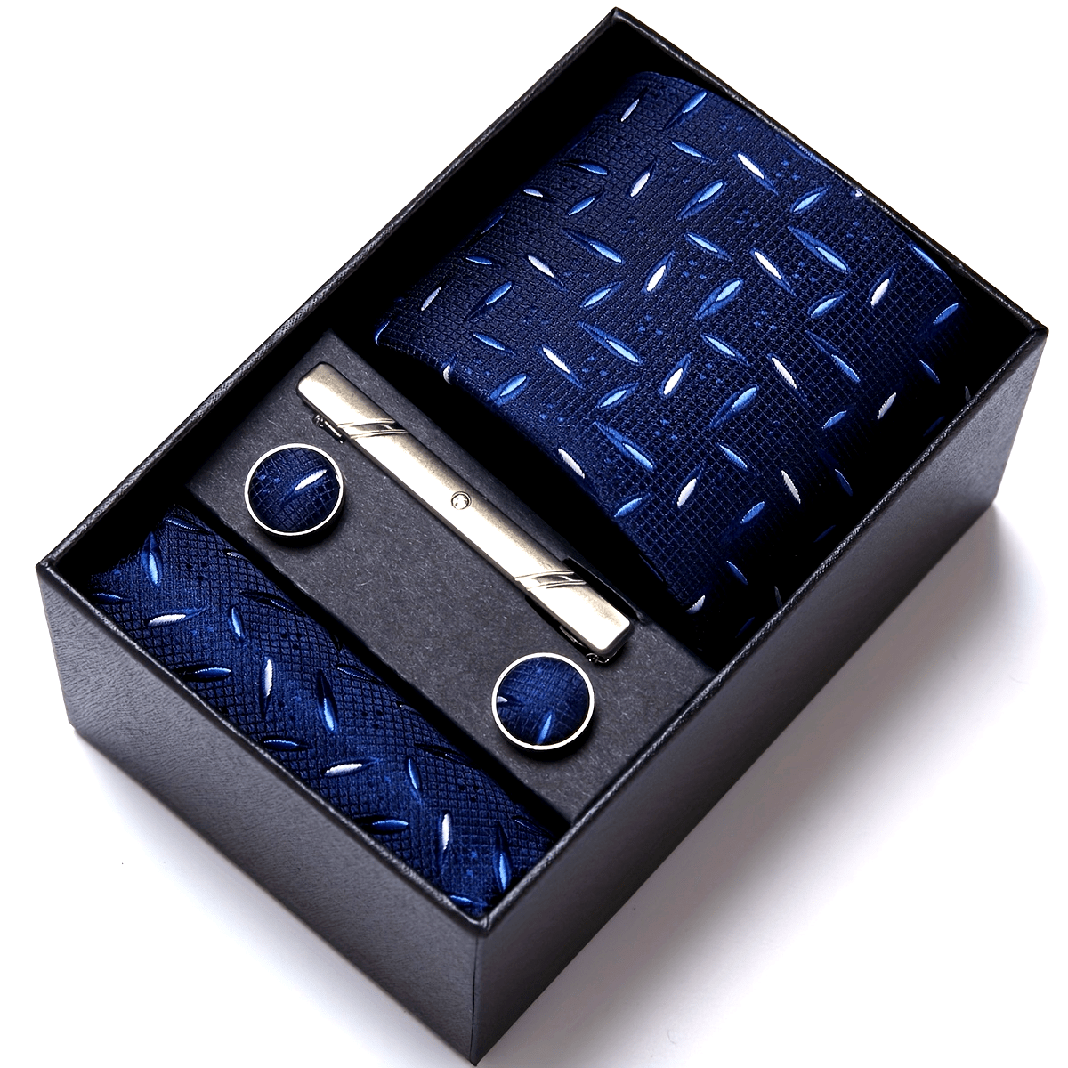 Men's Blue Tie Set with Pocket Square Cufflinks and Tie Clip for Weddings and Occasions