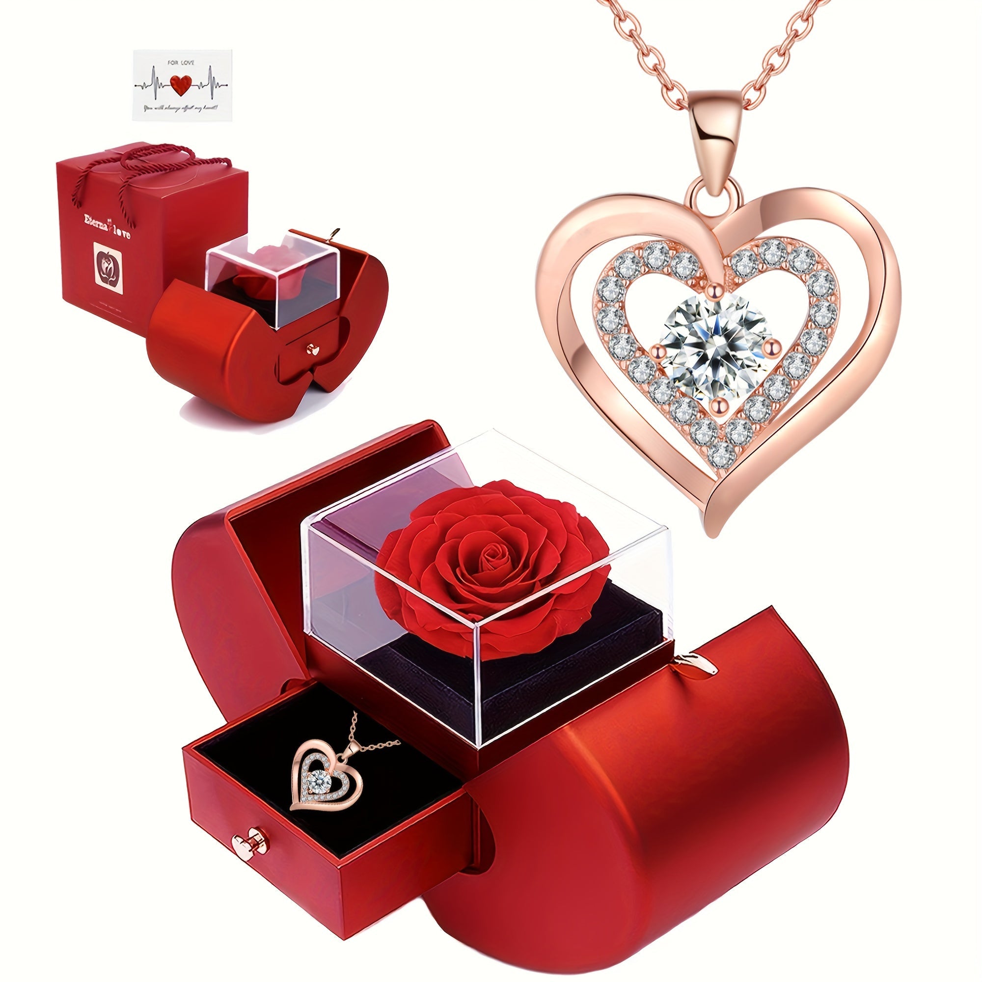 Heart Necklace with Copper Synthetic Zirconia Pendant and Rose Box Set for Women