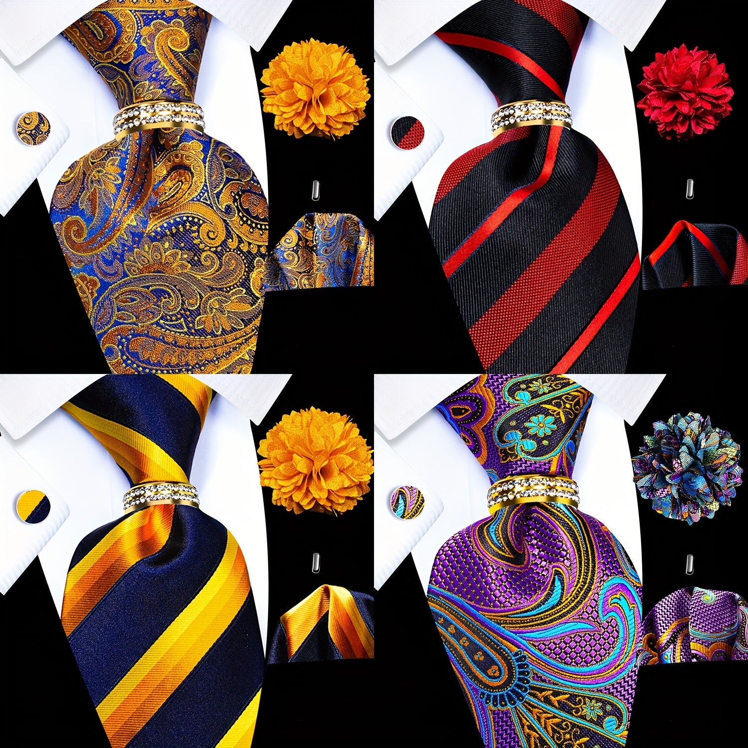 Men's Accessories Set Tie Pocket Square Cufflinks Lapel Pin Tie Ring for Wedding Groom