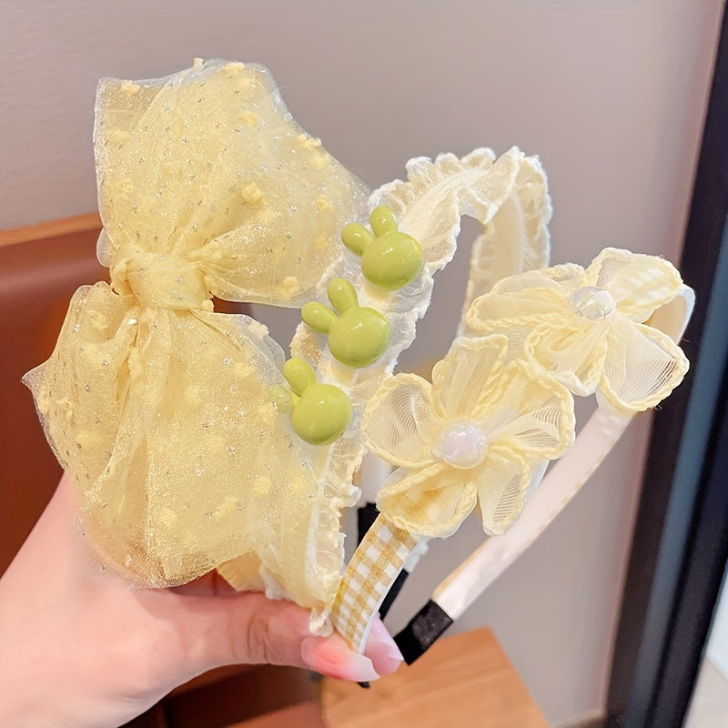 Set of 3 Lace Floral Mesh Headbands with Non-Slip Grip and Bow Accents