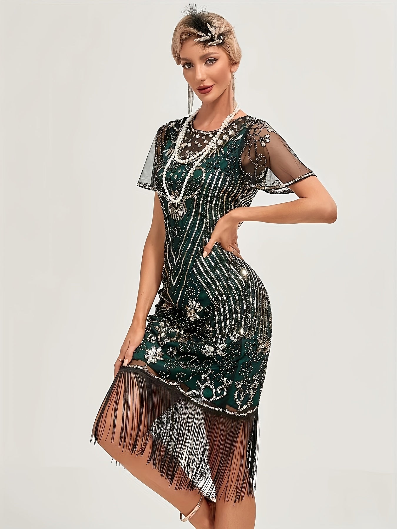Women's 1920s Sequin Flapper Dress Beaded Embroidery Fringe Party Gown