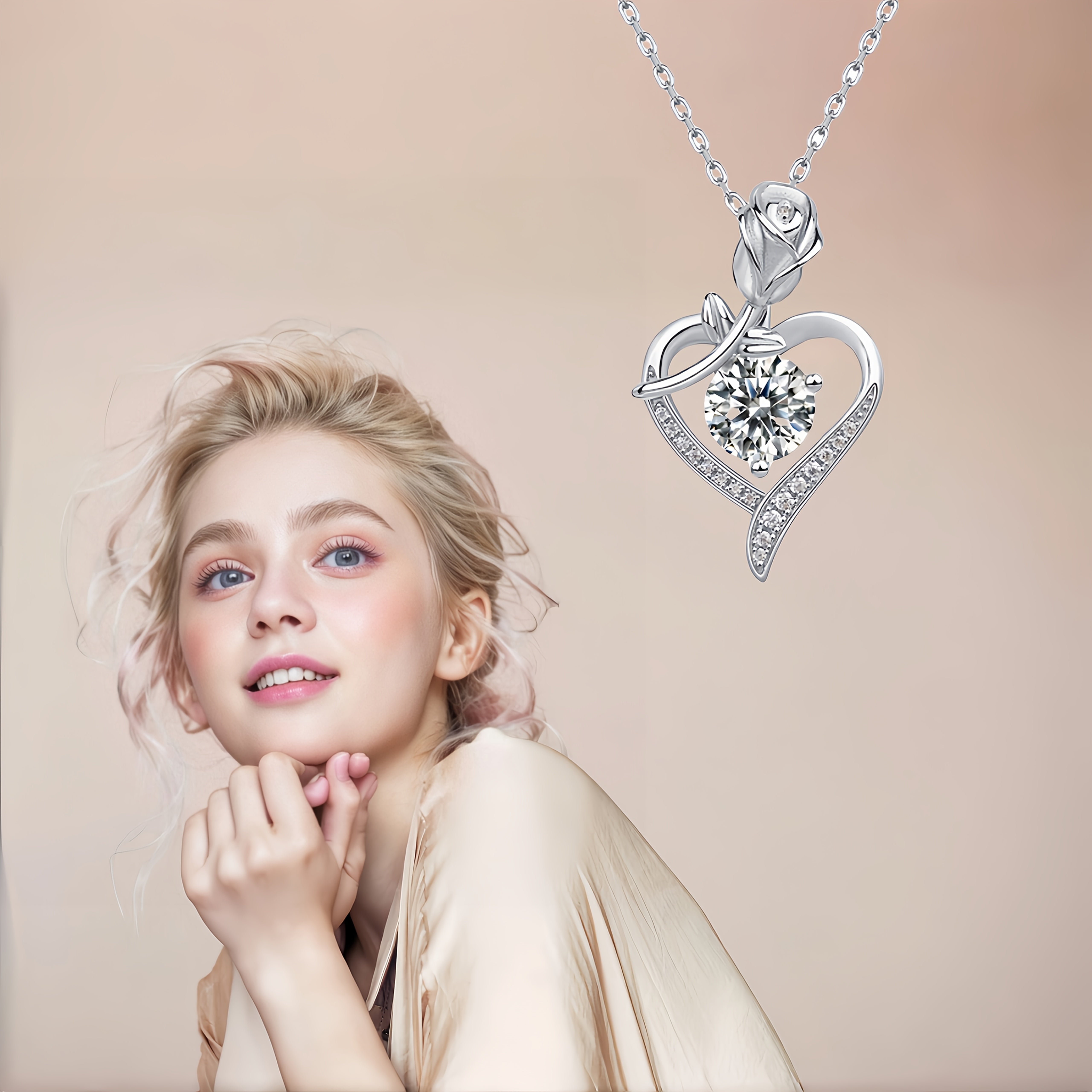 Rose Heart-Shaped Pendant Necklace Cubic Zirconia Copper Jewelry for Women