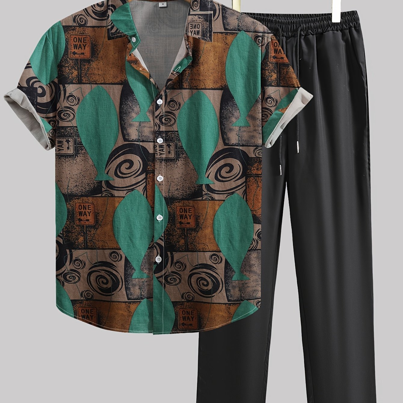 Men's Casual Geometric Print Shirt and Pants Set Lightweight Polyester Summer Non-Stretch
