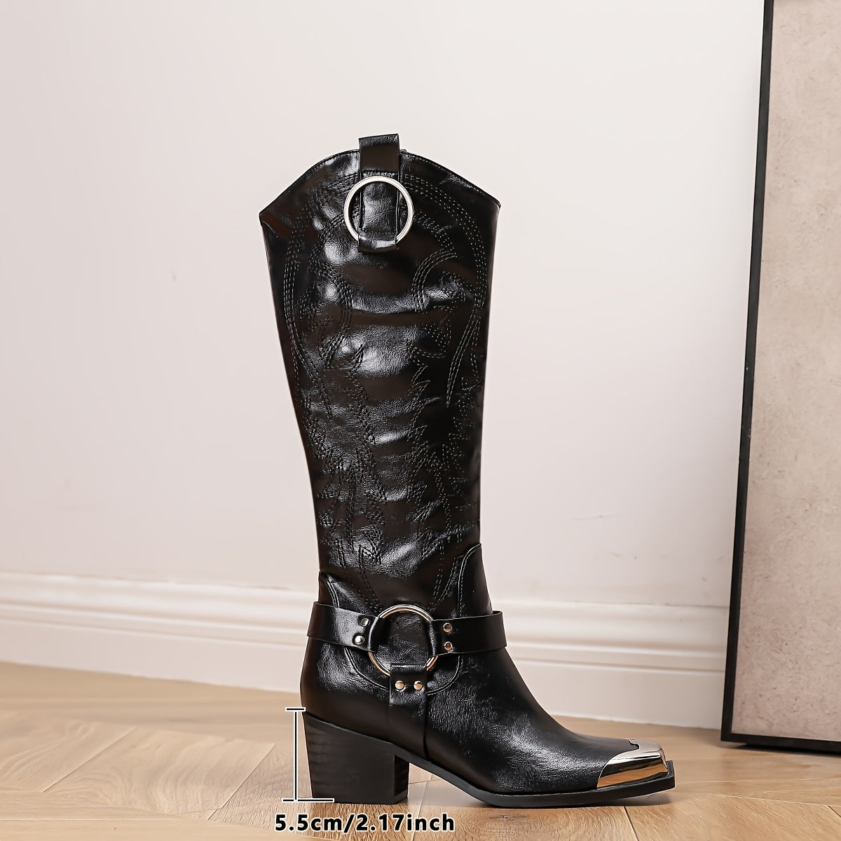 Женские осенне-зимние сапоги до колена с винтажной вышивкой, пряжкой, низким массивным каблуком