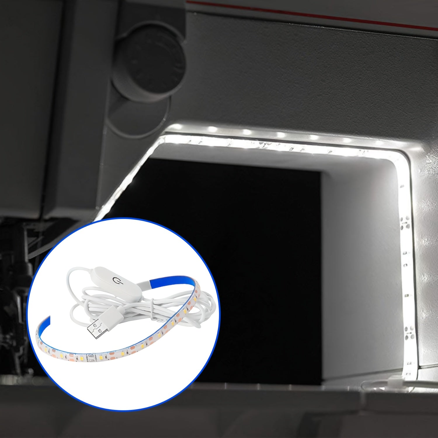 Светодиодная шнуровая лента для шитья с питанием от USB и сенсорным затемнением, энергоэффективный белый свет для стандартных машин, не требует батареек, гибкий пластиковый дизайн для улучшенной видимости при рукоделии.