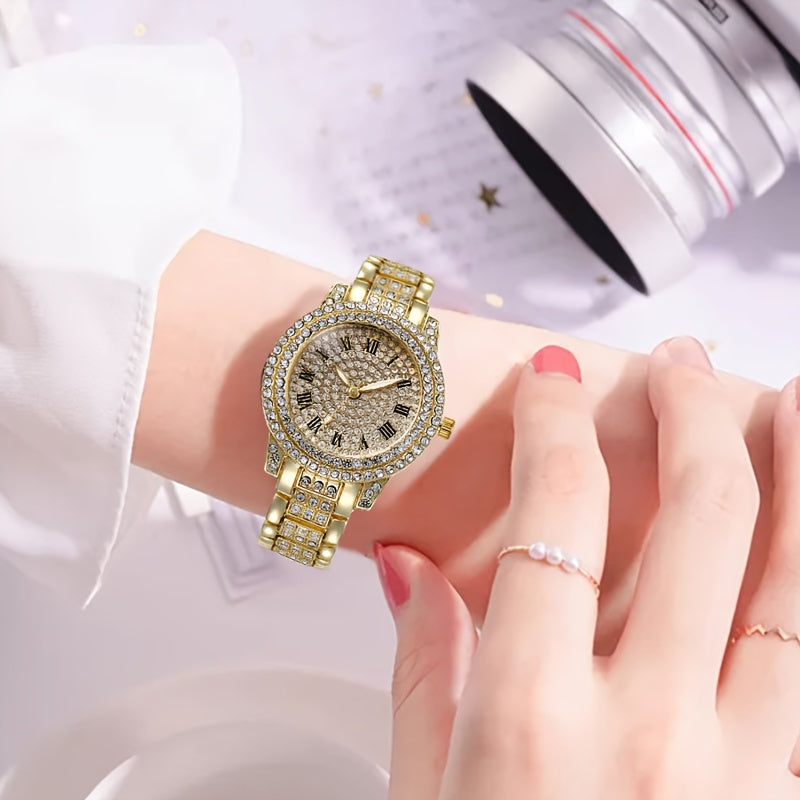 Reloj de cuarzo con esfera estrellada elegante y piedras de rhinestone para mujer