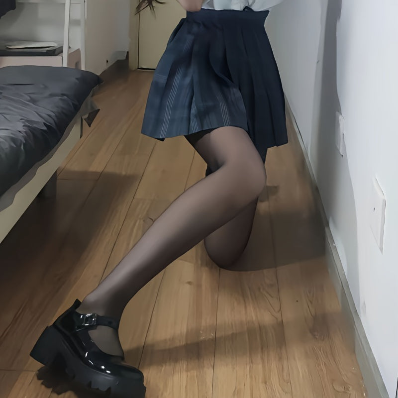 Women's Black High-Waist Tummy Control Pantyhose Nylon Blend Breathable Comfortable